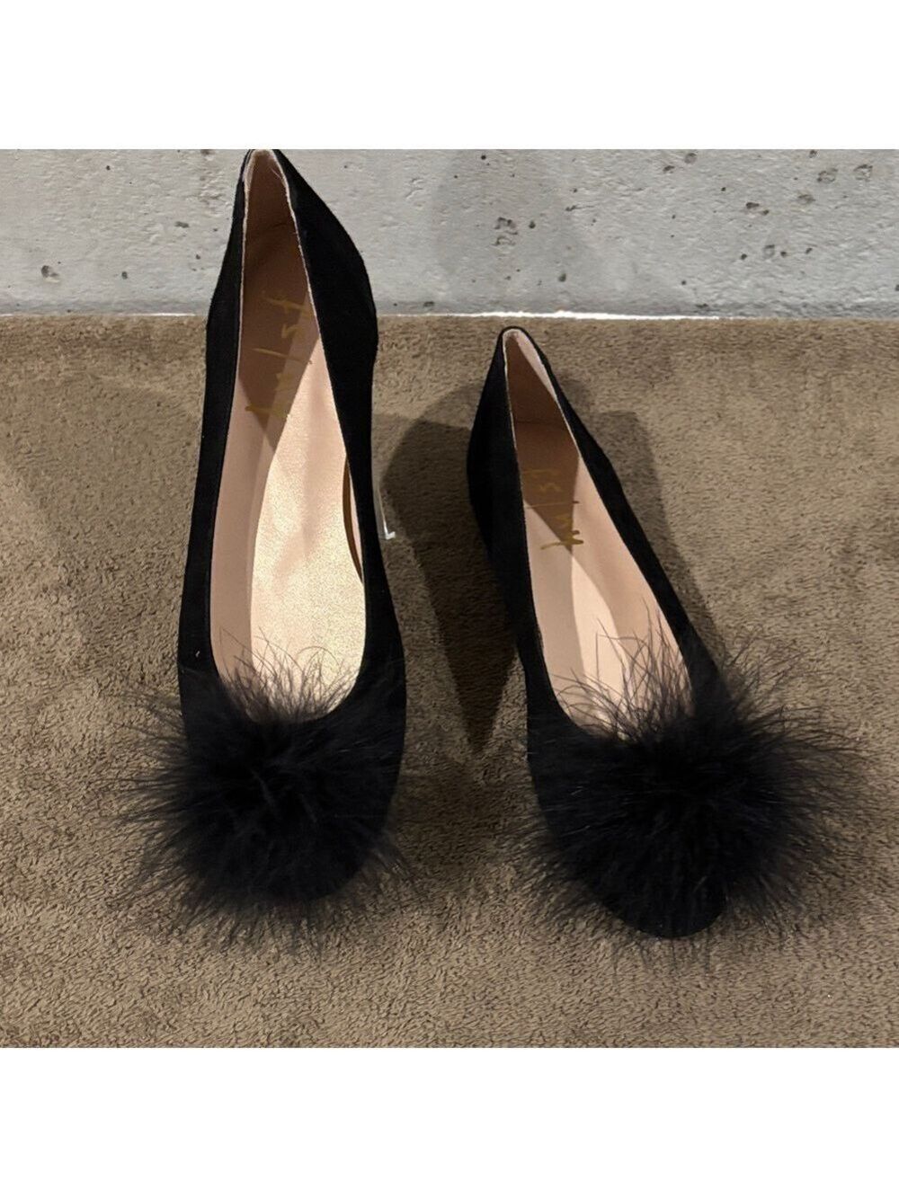 French Sole New York Black Suede Ballerina Flats w/ Ostrich Feather Accents-Sz 8